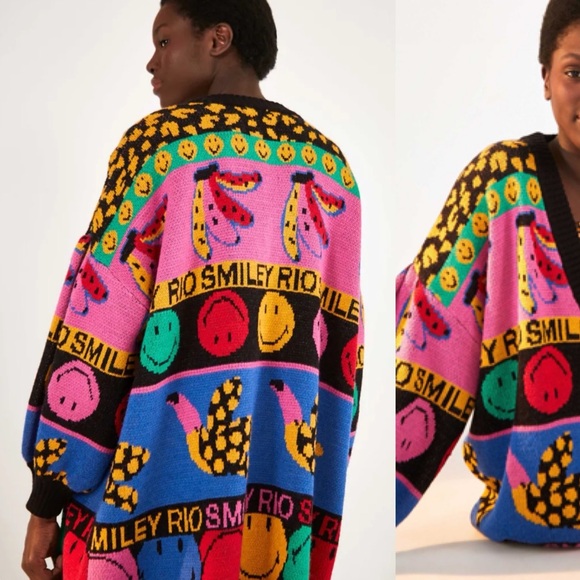 FARM Rio Sweaters - Farm Rio Smiley Graphic Elements Ainika Cardigan, XS